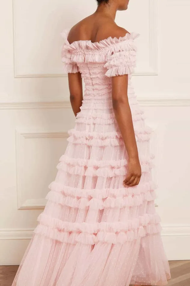 Lisette Ruffle Off Shoulder Gown Pink Women Needle and Thread Dresses