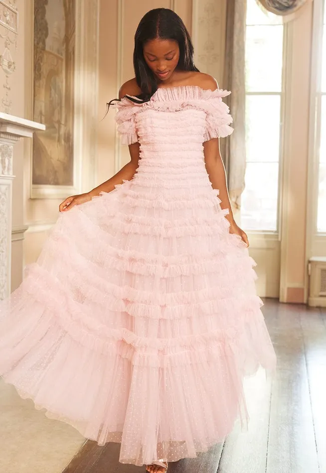 Lisette Ruffle Off Shoulder Gown Pink Women Needle and Thread Dresses