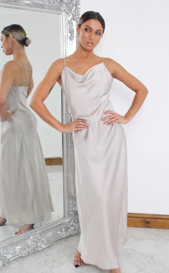 Luxury Stone Satin Cowl Neck Maxi Dress Women Missfiga Maxi Dresses