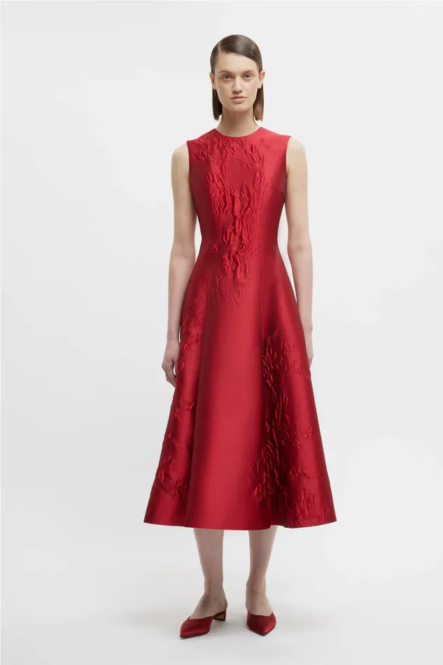 Mara Dress In Red Graphic Rose Jacquard Women Dresses Emilia Wickstead