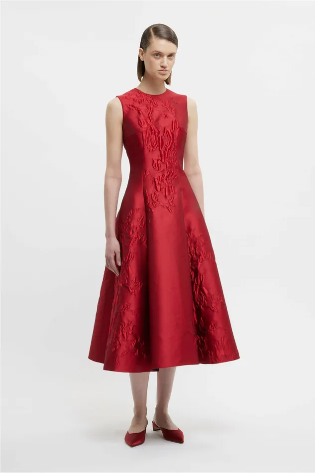 Mara Dress In Red Graphic Rose Jacquard Women Dresses Emilia Wickstead Mara Dress In Red Graphic Rose Jacquard Women Dresses Emilia Wickstead