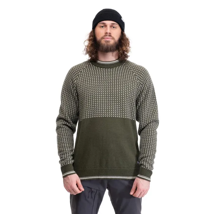 Men Bergans Of Norway Jumpers And Long Sleeves Alvdal Wool Jumper Dark Olive Green Vanilla White