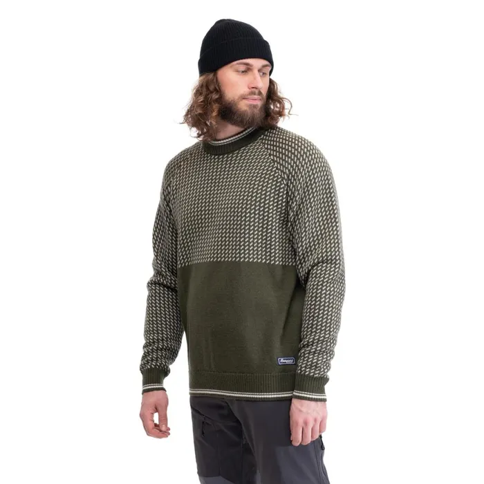 Men Bergans Of Norway Jumpers And Long Sleeves Alvdal Wool Jumper Dark Olive Green Vanilla White