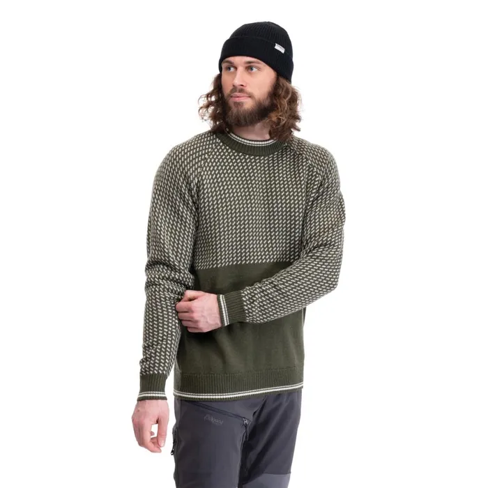 Men Bergans Of Norway Jumpers And Long Sleeves Alvdal Wool Jumper Dark Olive Green Vanilla White