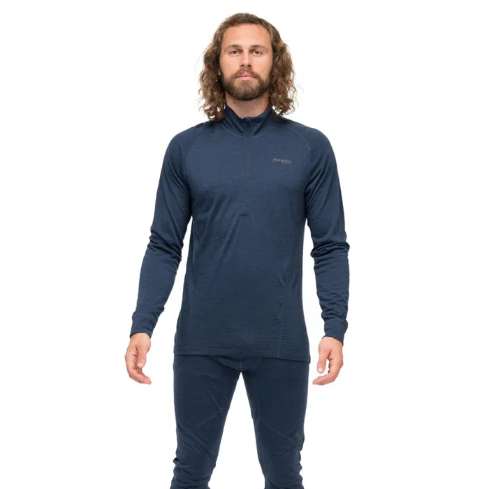 Men Bergans Of Norway Wool Longsleeved Shirts InnerPure Merino Half Zip Navy Blue