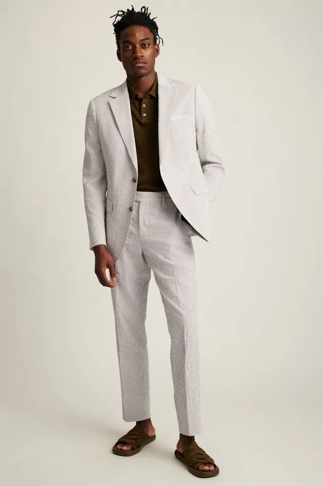 Men Bonobos Blazers and Sport Coats Jetsetter Italian Seersucker Blazer Khaki And White Stripe