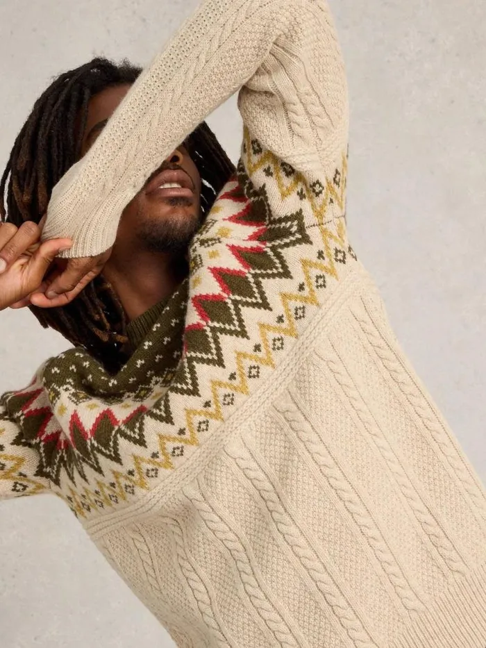 Men Cable Wool Fairisle Crew Neck Natural Multi White Stuff Knitwear