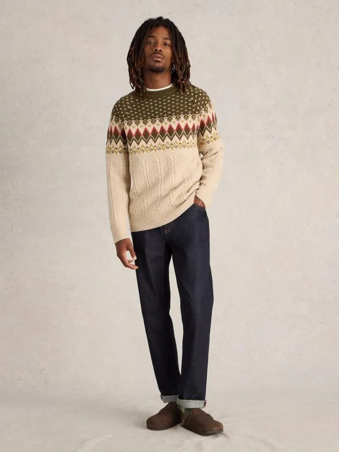 Men Cable Wool Fairisle Crew Neck Natural Multi White Stuff Knitwear