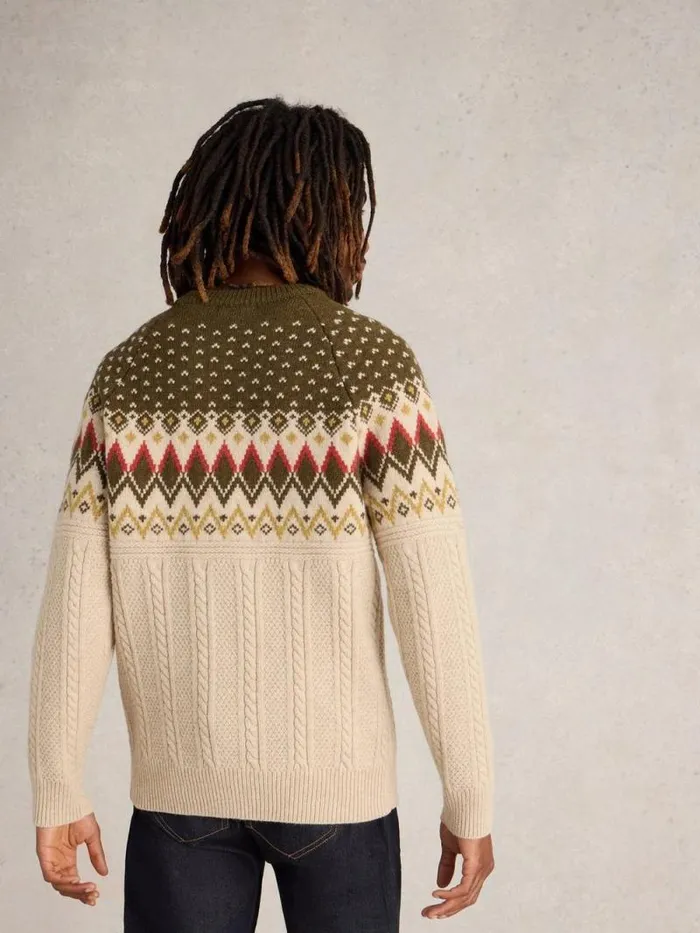 Men Cable Wool Fairisle Crew Neck Natural Multi White Stuff Knitwear