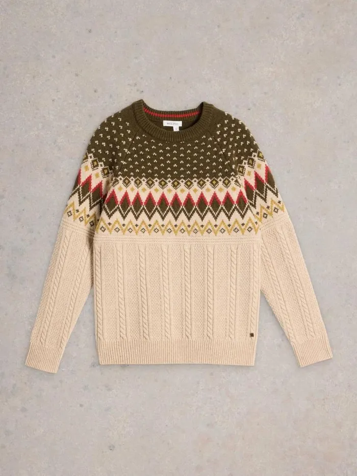 Men Cable Wool Fairisle Crew Neck Natural Multi White Stuff Knitwear