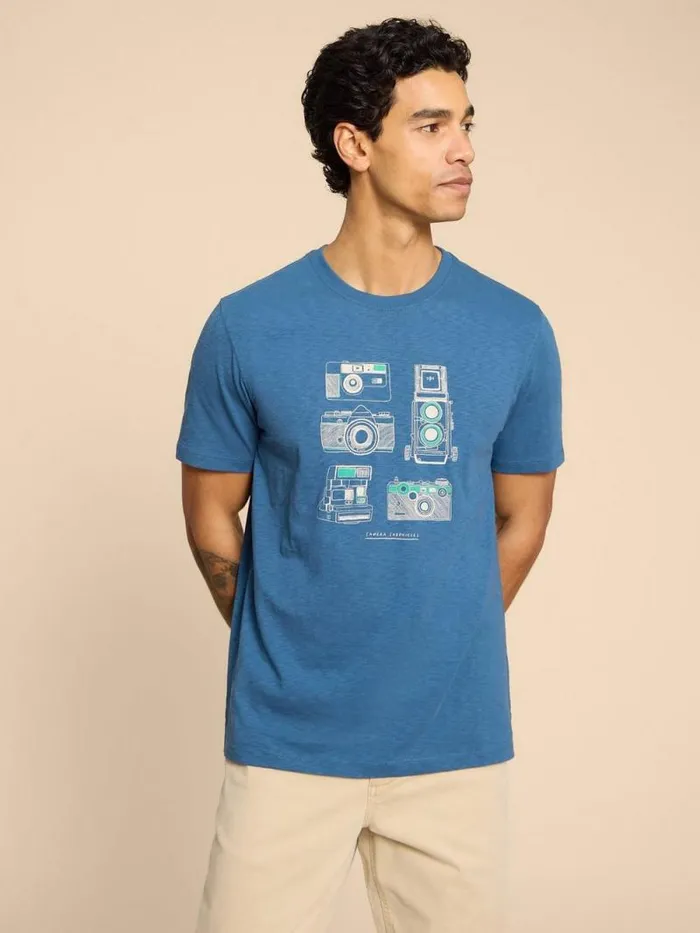 Men Camera Chronicles Graphic Tee Blue Print White Stuff TShirts
