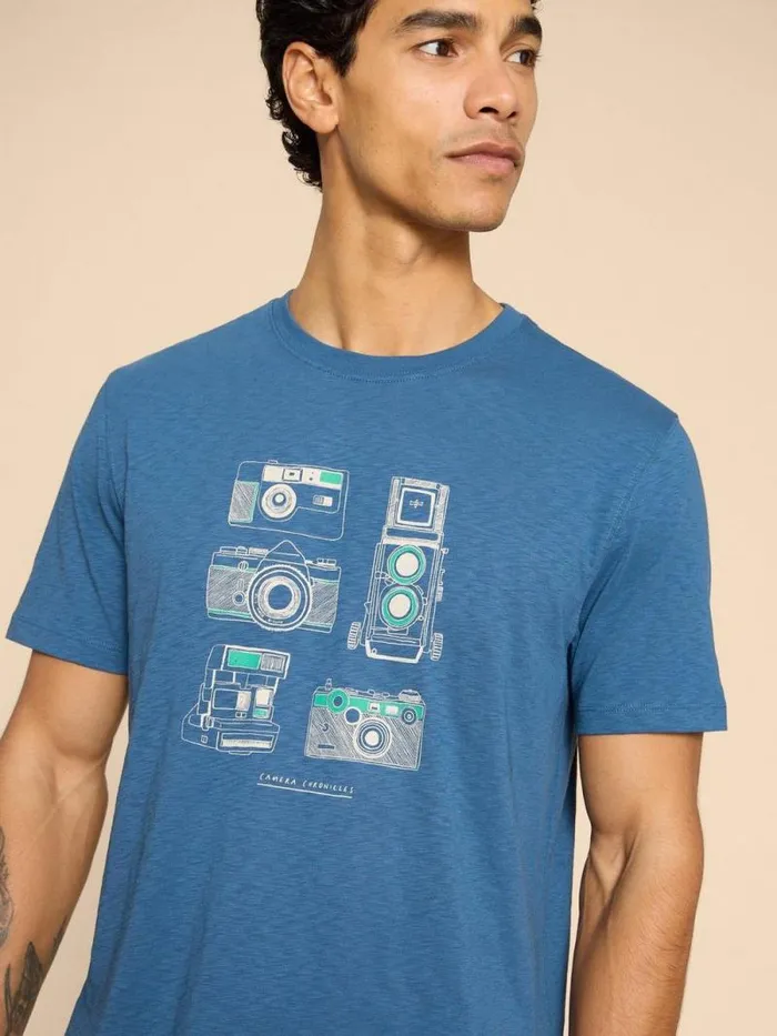 Men Camera Chronicles Graphic Tee Blue Print White Stuff TShirts