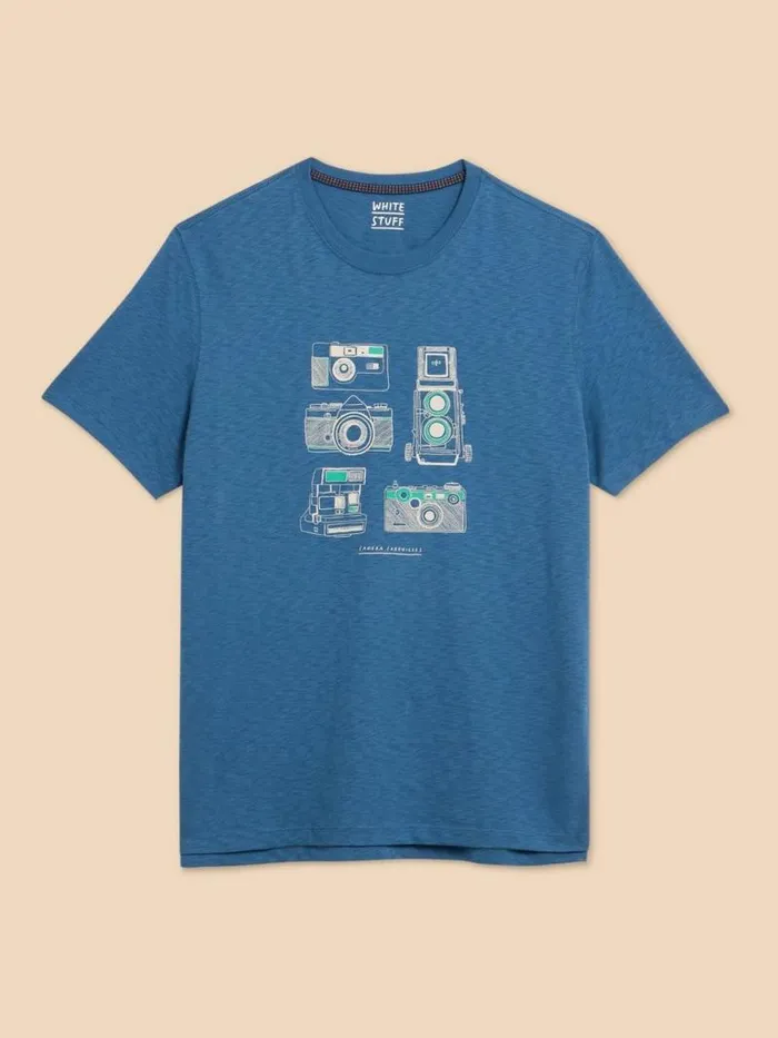Men Camera Chronicles Graphic Tee Blue Print White Stuff TShirts