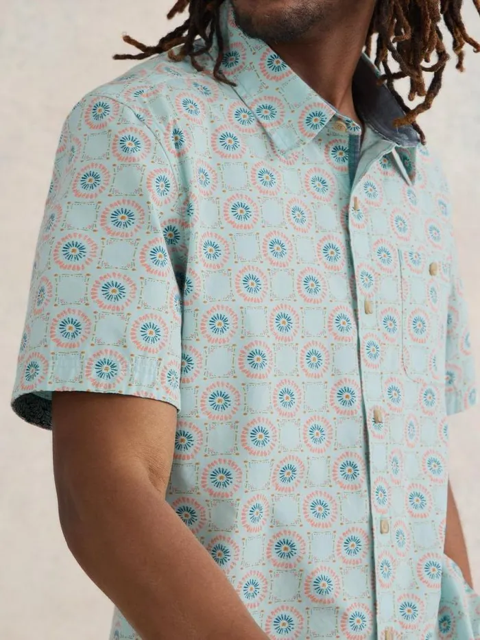 Men Daisy Tile Printed SS Shirt Blue Print White Stuff Shirts