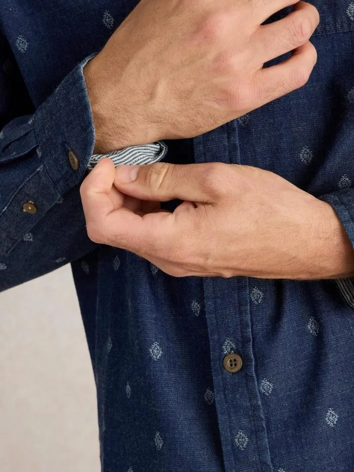 Men Denim Dobby Shirt Indigo Blue White Stuff Shirts Men Denim Dobby Shirt Indigo Blue White Stuff Shirts
