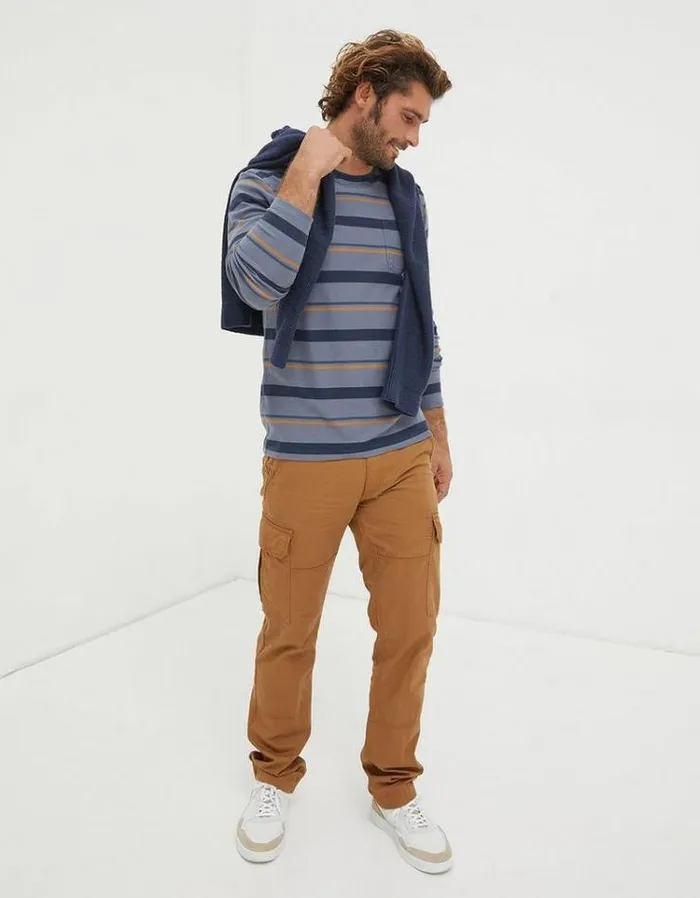 Men FatFace Men039s Sale Long Sleeve Stripe Pocket Crew Dusky Blue