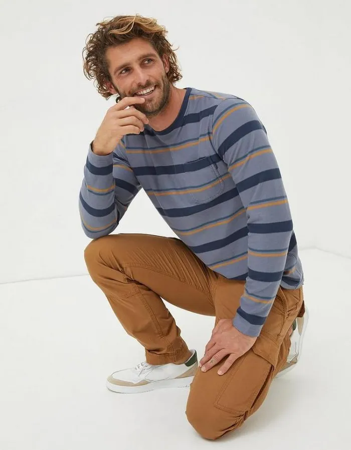 Men FatFace Men039s Sale Long Sleeve Stripe Pocket Crew Dusky Blue