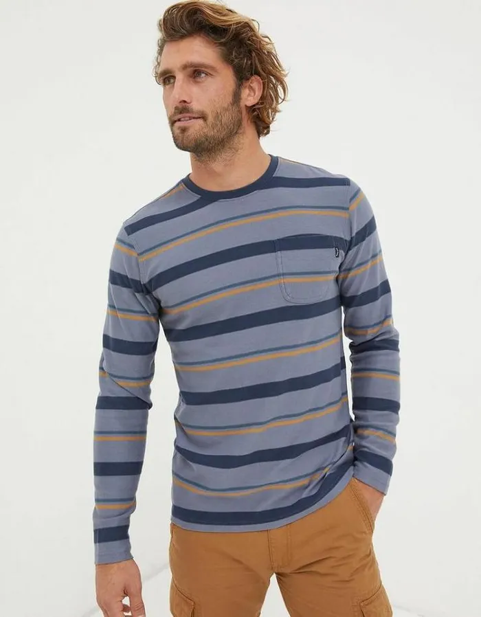 Men FatFace Men039s Sale Long Sleeve Stripe Pocket Crew Dusky Blue