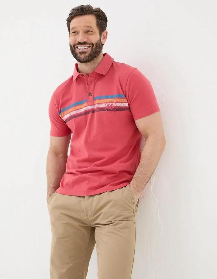 Men FatFace Polo Shirts Chest Stripe Printed Polo Washed Red