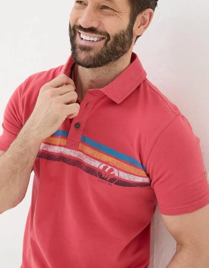 Men FatFace Polo Shirts Chest Stripe Printed Polo Washed Red