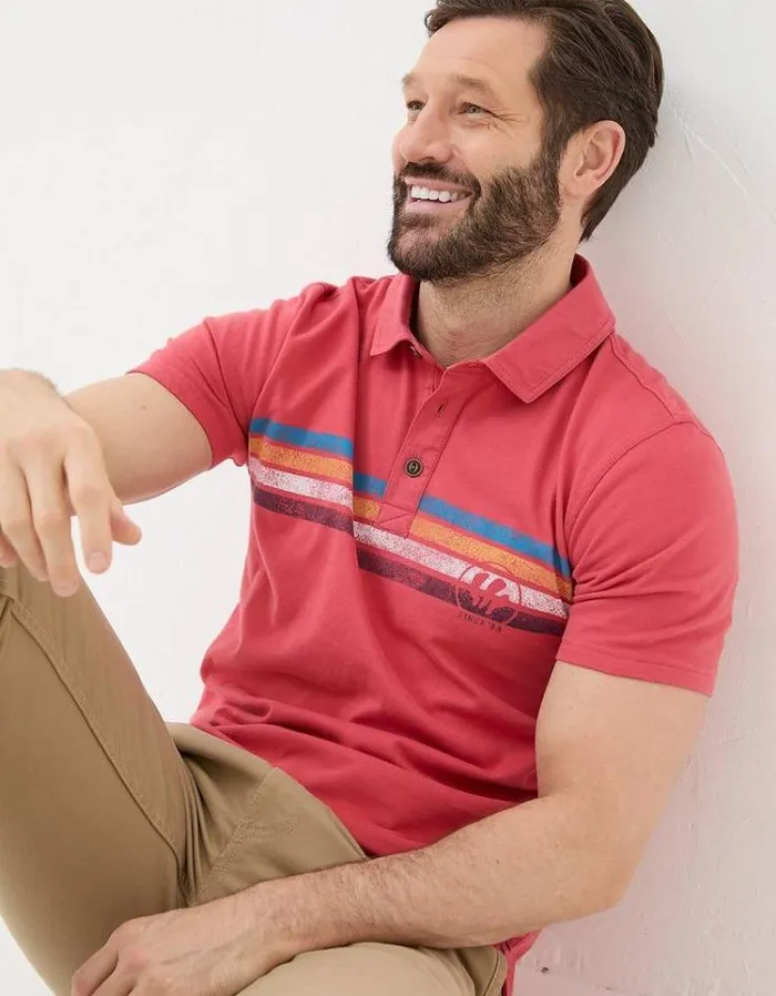 Men FatFace Polo Shirts Chest Stripe Printed Polo Washed Red