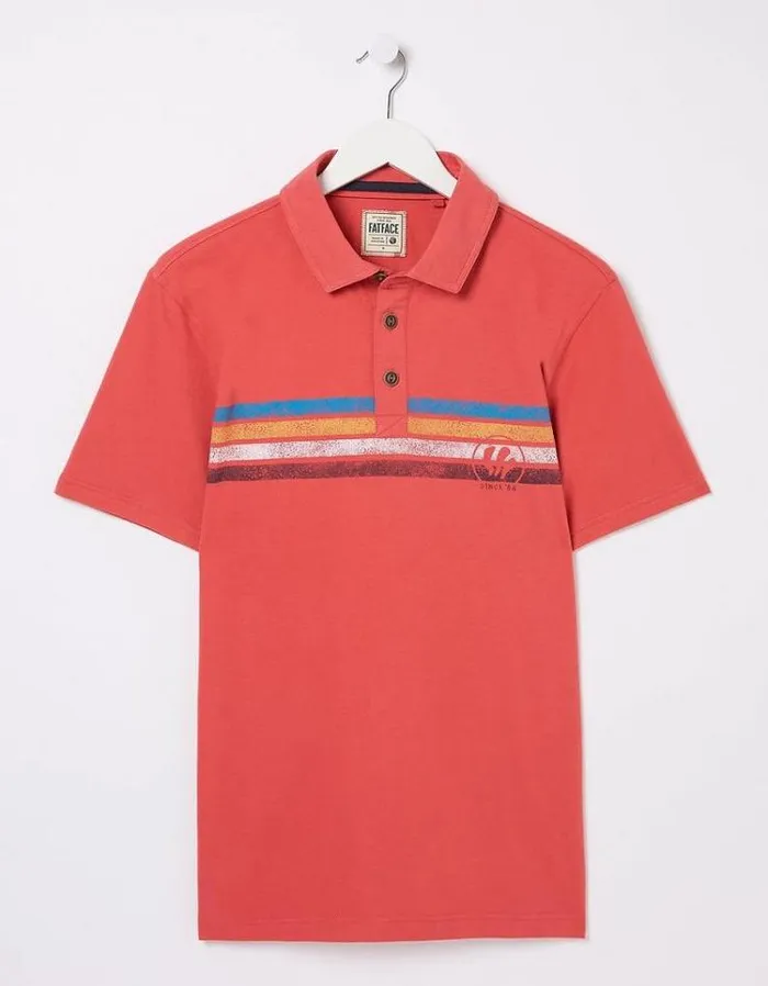 Men FatFace Polo Shirts Chest Stripe Printed Polo Washed Red