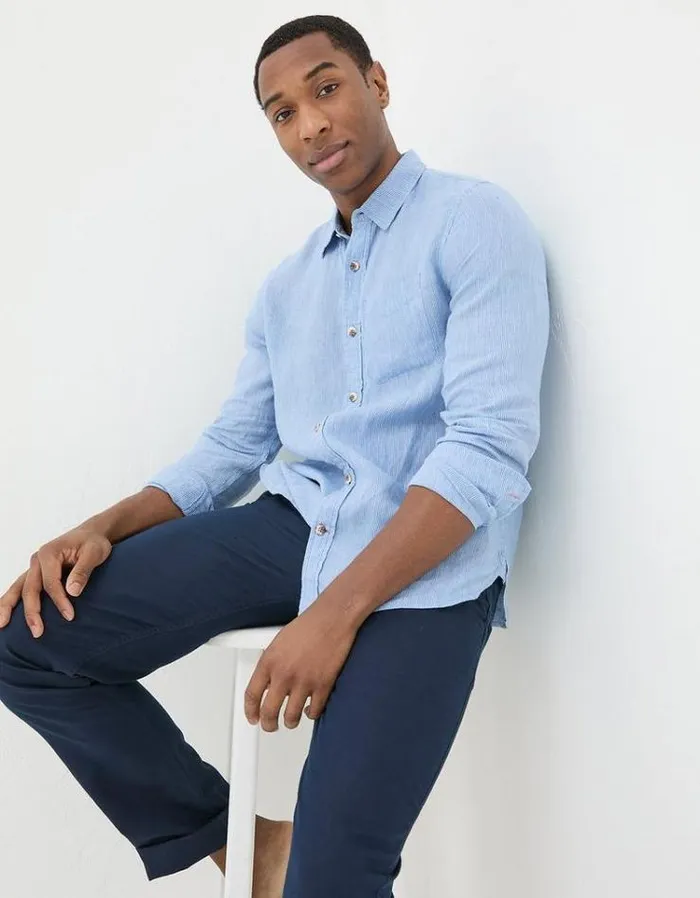 Men FatFace Shirts Long Sleeve Fine Stripe Linen Shirt Blue