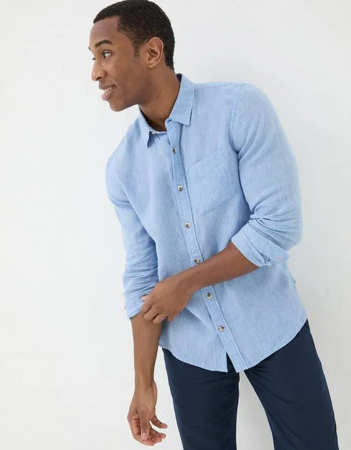 Men FatFace Shirts Long Sleeve Fine Stripe Linen Shirt Blue