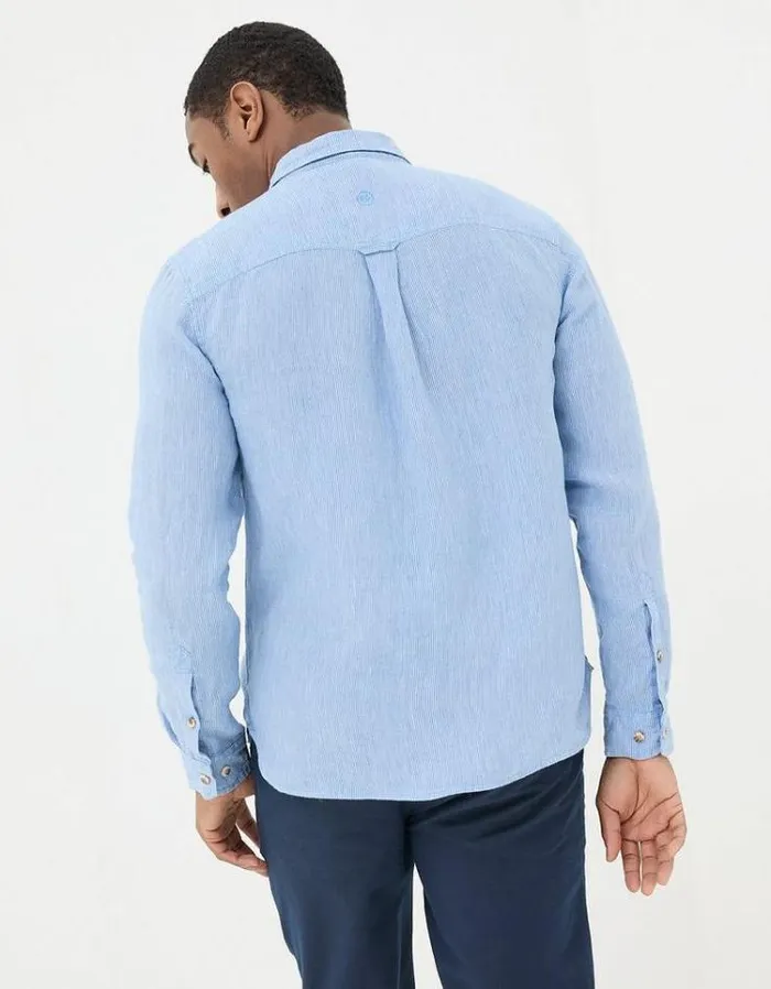 Men FatFace Shirts Long Sleeve Fine Stripe Linen Shirt Blue