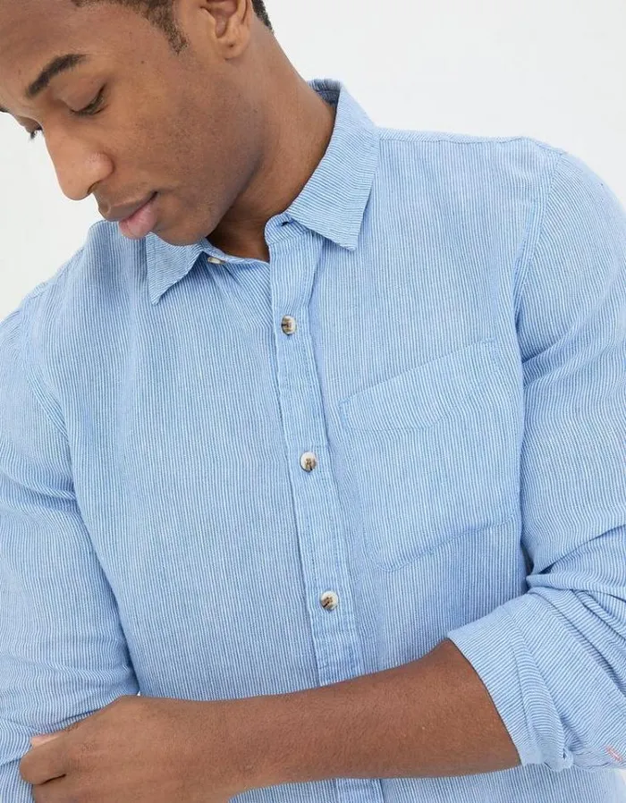 Men FatFace Shirts Long Sleeve Fine Stripe Linen Shirt Blue