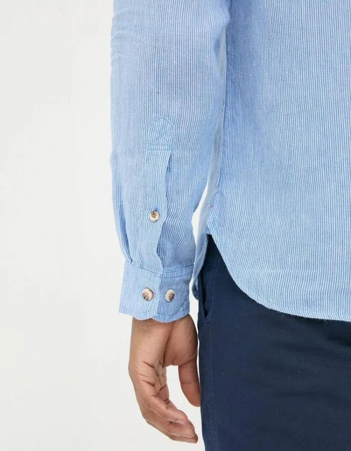 Men FatFace Shirts Long Sleeve Fine Stripe Linen Shirt Blue
