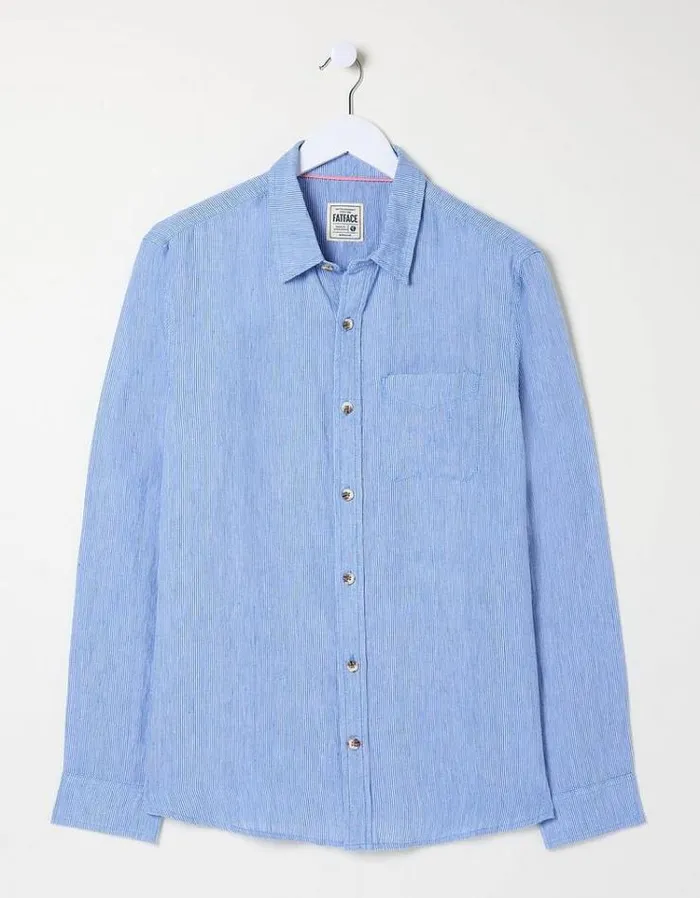 Men FatFace Shirts Long Sleeve Fine Stripe Linen Shirt Blue