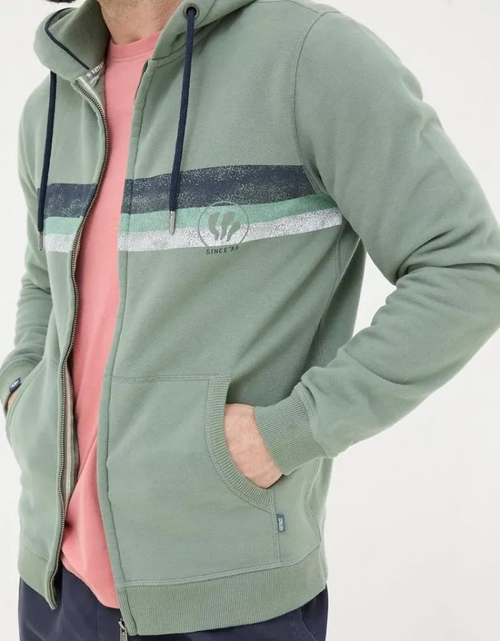 Men FatFace Sweatshirts and Hoodies Brooke Chest Stripe Zip Through Hoodie Light Green