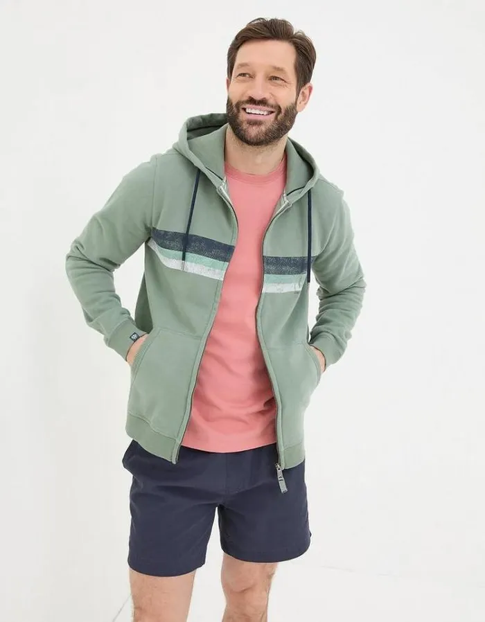 Men FatFace Sweatshirts and Hoodies Brooke Chest Stripe Zip Through Hoodie Light Green