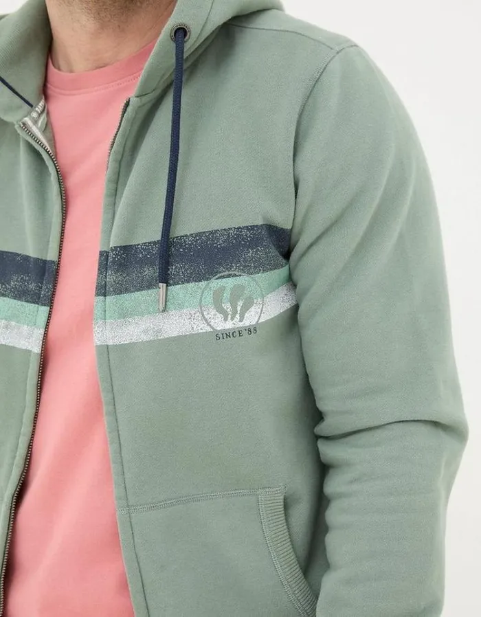 Men FatFace Sweatshirts and Hoodies Brooke Chest Stripe Zip Through Hoodie Light Green