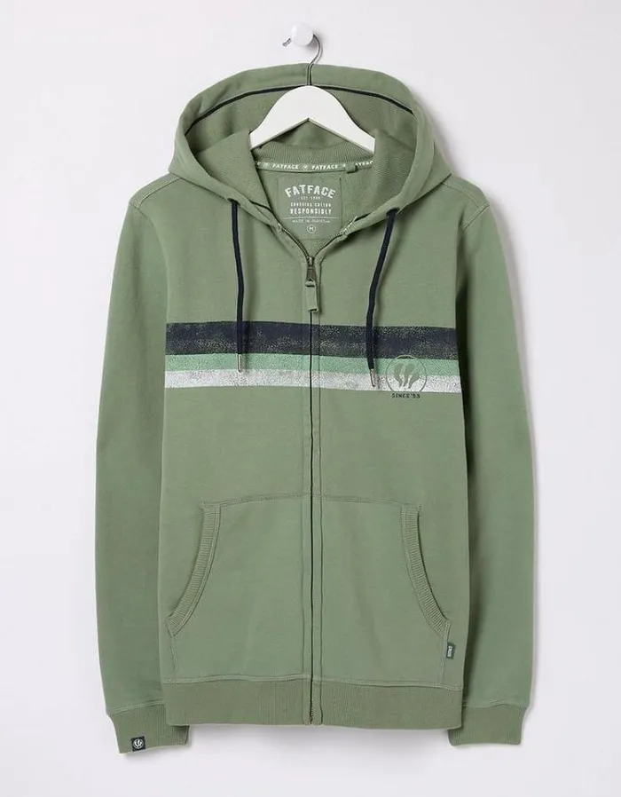 Men FatFace Sweatshirts and Hoodies Brooke Chest Stripe Zip Through Hoodie Light Green