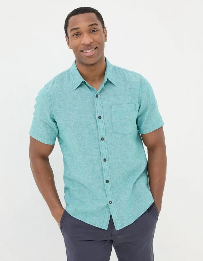 Men FatFace Vacation Shop Bugle Linen Cotton Shirt Teal Green