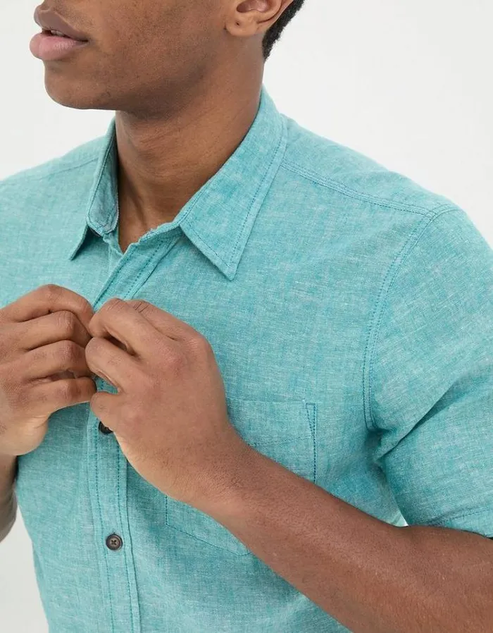 Men FatFace Vacation Shop Bugle Linen Cotton Shirt Teal Green