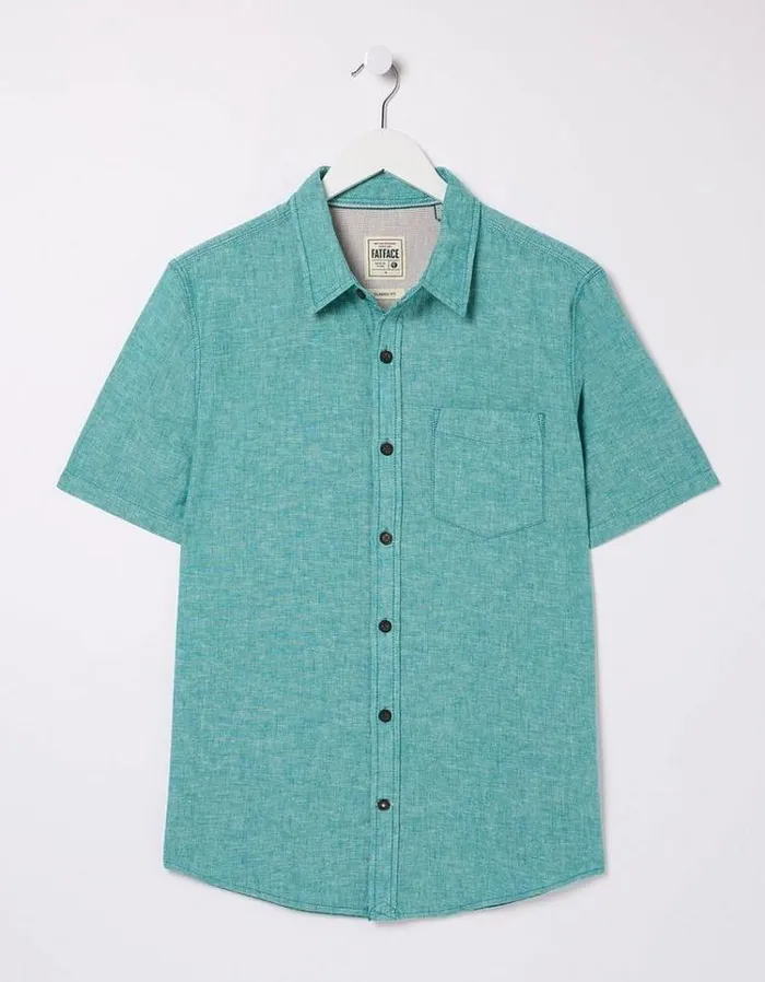 Men FatFace Vacation Shop Bugle Linen Cotton Shirt Teal Green