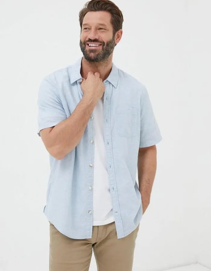 Men FatFace Vacation Shop Bugle Micro Stripe Shirt Light Blue