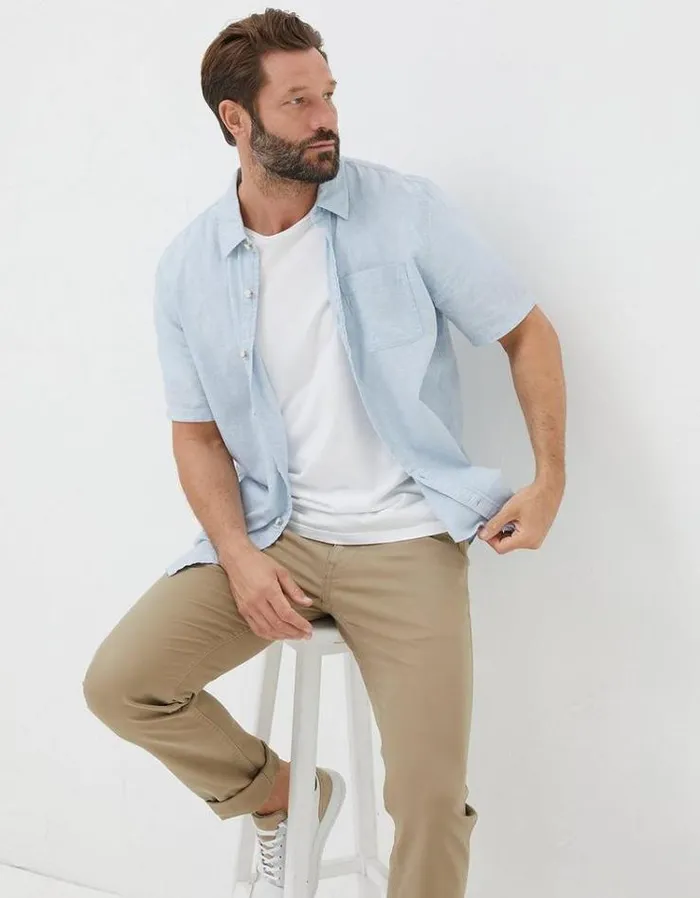 Men FatFace Vacation Shop Bugle Micro Stripe Shirt Light Blue