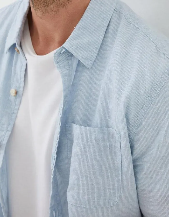 Men FatFace Vacation Shop Bugle Micro Stripe Shirt Light Blue