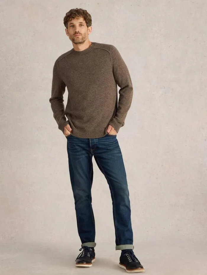 Men Lambswool Crew Neck Jumper Dark Natural White Stuff Knitwear