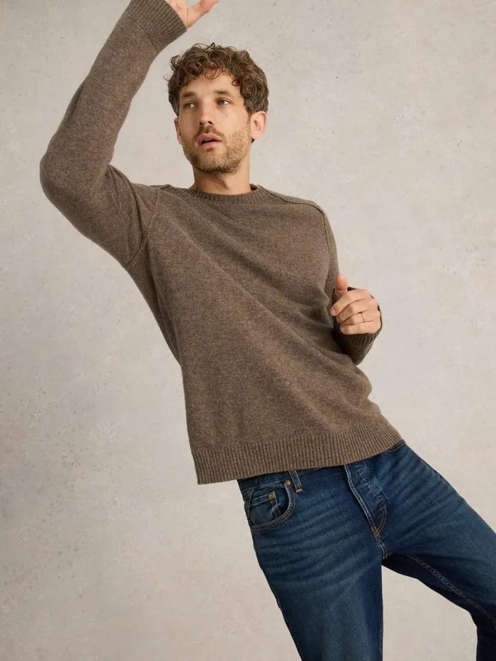 Men Lambswool Crew Neck Jumper Dark Natural White Stuff Knitwear