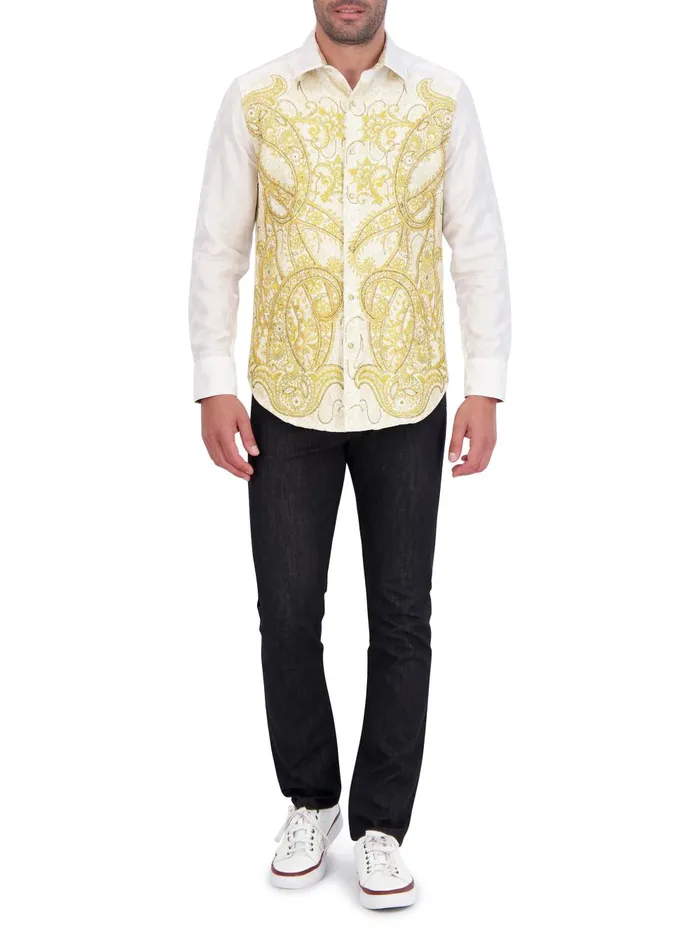 Men Long Sleeve Button Down Shirts Robert Graham LIMITED EDITION THE 24 KARAT LONG SLEEVE BUTTON DOWN SHIRT White