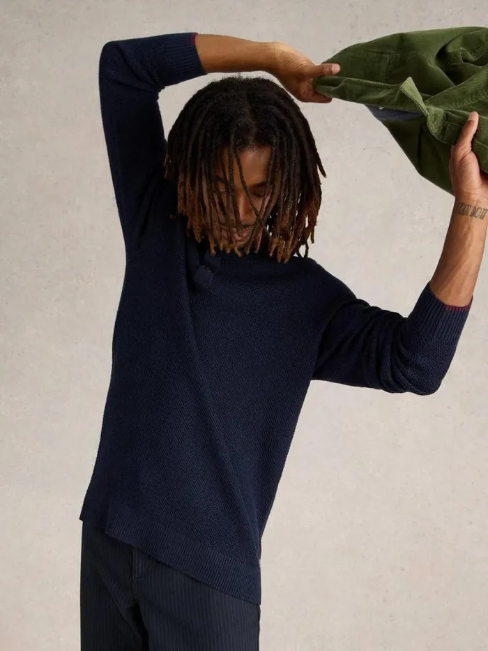 Men Newport Merino Wool Henley Dark Navy White Stuff Knitwear