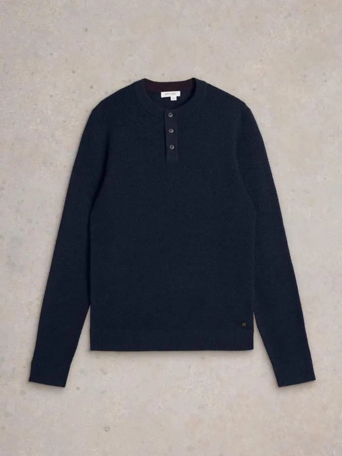Men Newport Merino Wool Henley Dark Navy White Stuff Knitwear