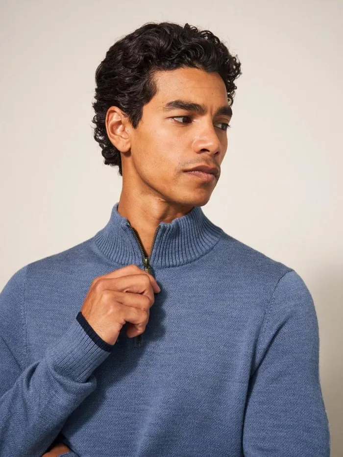 Men Newport Wool Merino Jumper Chambray Blue White Stuff Knitwear