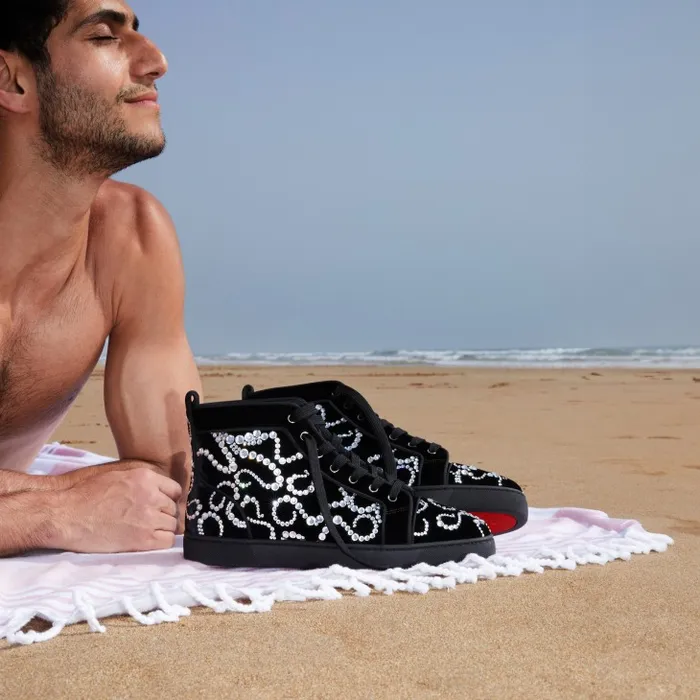Men Octolouis Strass Hightop Sneakers 8211 Velvet And Strass 8211 Black Christian Louboutin Sneakers