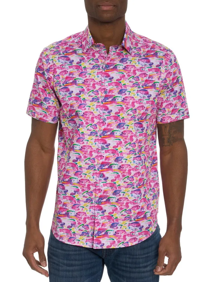 Men Short Sleeve Button Down Shirts Robert Graham FISHY BUSINESS 2 SHORT SLEEVE BUTTON DOWN SHIRT Pink
